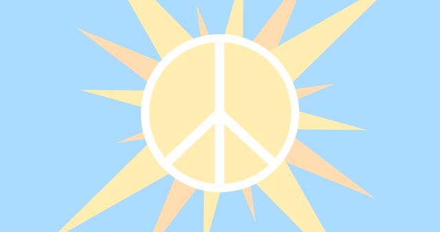 Vector image of sun with peace symbol in clear blue sky, copy space. Illustration, international day of peace, avoid war and violence, celebration, hope, kindness, support.