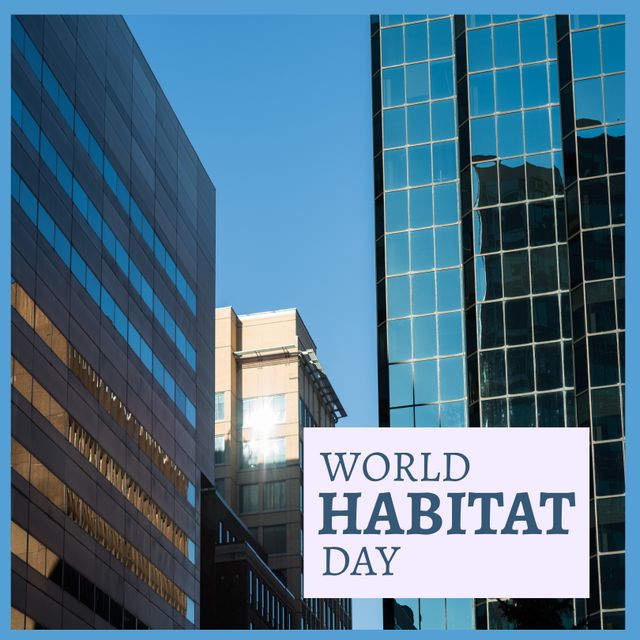 Composition of world habitat day text over cityscape. Habitat day and celebration concept digitally generated image.