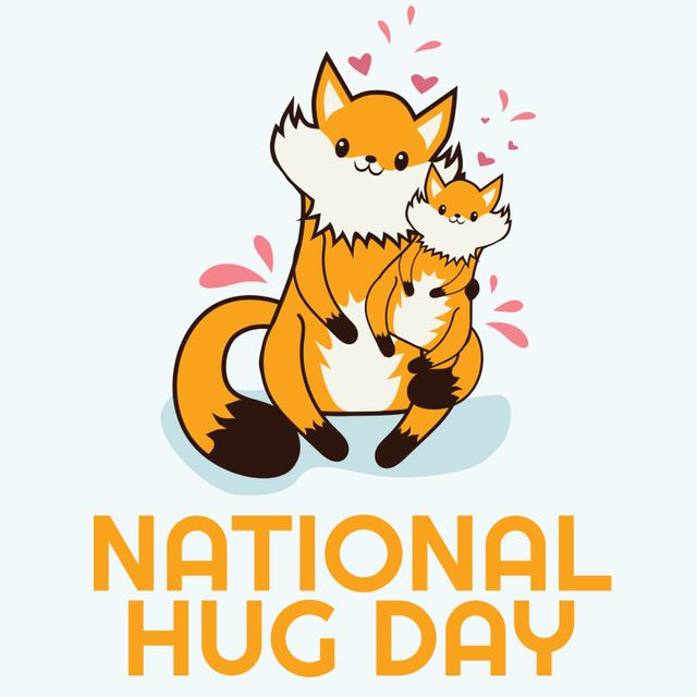 Composition of national hug day text over happy foxes embracing. Templates, love and background concept, digitally generated image.