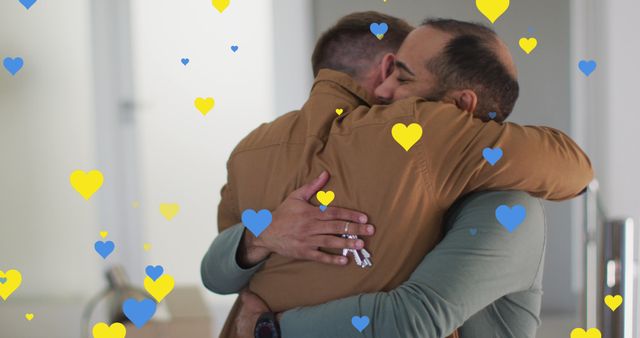 Image of heart icons over diverse gay couple embracing - Download Free Stock Photos Pikwizard.com