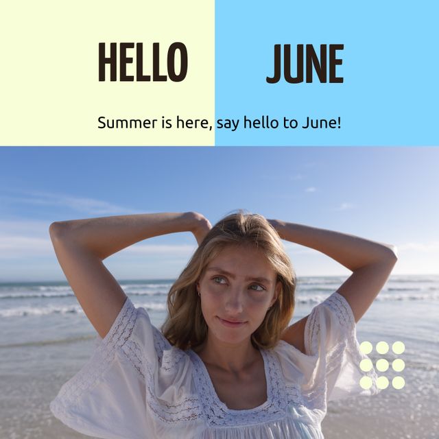 Composition of hello june text over caucasian woman by seaside. Hello june, summer and vacation concept digitally generated image.