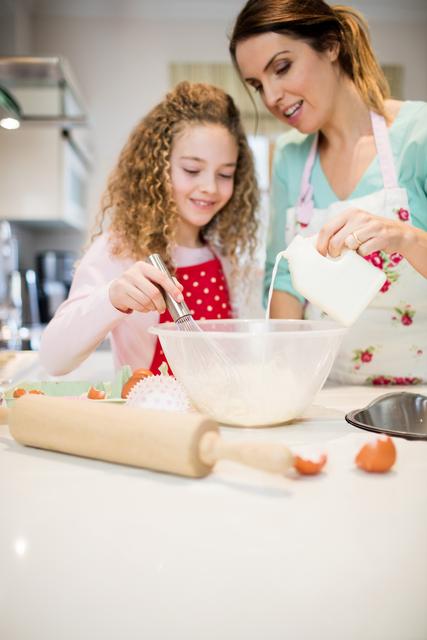 Mother assisting daughter in whisking flour in kitchen