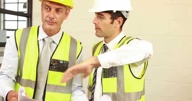 Two Caucasian men in construction safety gear are discussing plans, with copy space - Download Free Stock Photos Pikwizard.com