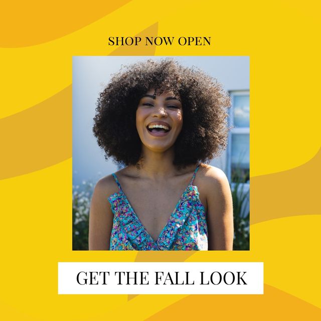 Composition of get the fall look text over happy biracial woman. Shopping and cartoon picture maker concept digitally generated image.