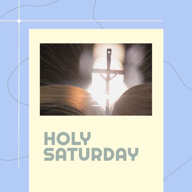 Illustration of square with abstract pattern and holy saturday text with scribble on blue background. Copy space, vector, christianity, ends of lenten season, tradition and commemoration concept.