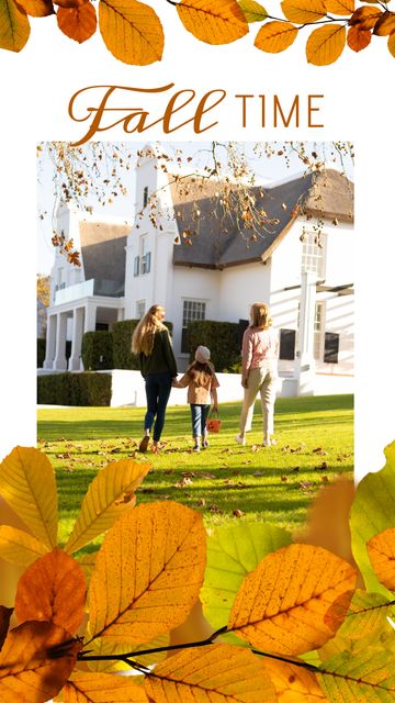 Composition of fall time text with leaves icons and caucasian family. Snapchat filter maker concept digitally generated image.