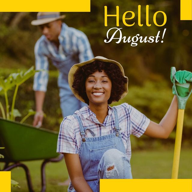 Composite of hello august text and portrait of happy african american young woman in organic farm. gardening, hat, greeting, nature, summer and weekend activities concept.