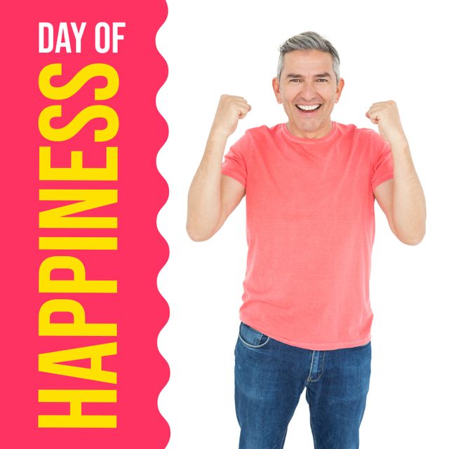 Composition of international day of happiness text over happy caucasian man. International day of happiness and celebration concept digitally generated image.