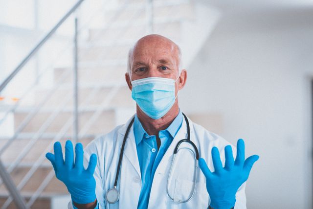 Portrait of caucasian male senior doctor in face mask and surgical gloves looking to camera - Download Free Stock Photos Pikwizard.com