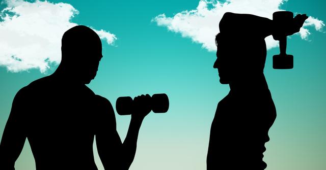 Silhouette of men holding dumbbells against sky background - Download Free Stock Photos Pikwizard.com