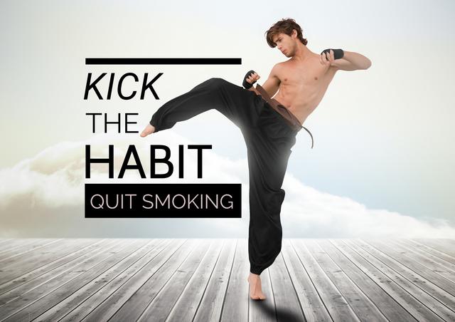 Karate man kicking with quit smoking text against sky background - Download Free Stock Photos Pikwizard.com