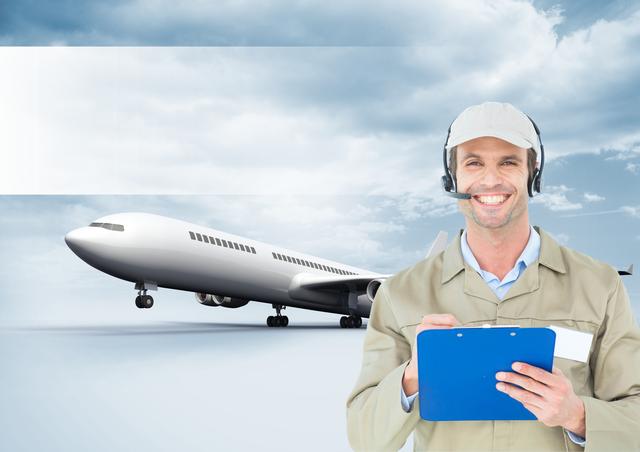 Delivery man holding clipboard against airplane in background - Download Free Stock Photos Pikwizard.com