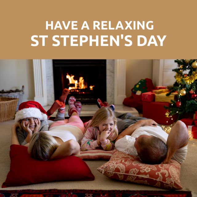 Composition of st stephen's day text and diverse family at christmas by fireplace. St stephen's day, boxing day, christmas tradition and celebration concept digitally generated image.