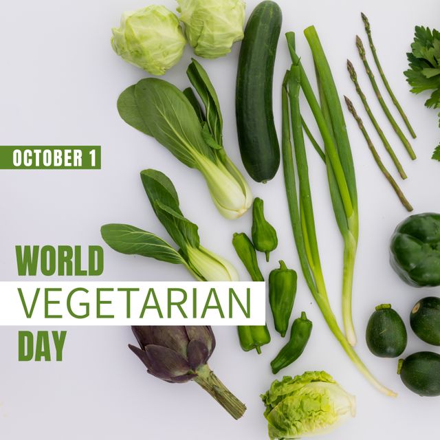 Composition of world vegetarian day text over green vegetables. World vegetarian day and celebration concept digitally generated image.