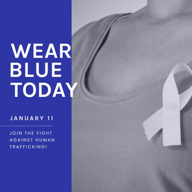 Image of wear blue today on grey background with woman with ribbon. Human rights, trafficking awareness and symbolic concept.