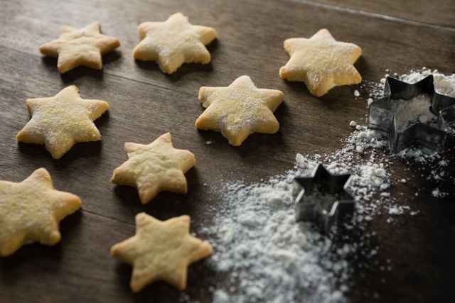 Close-up of gingerbread cookies with powdered sugar sprinkled on top