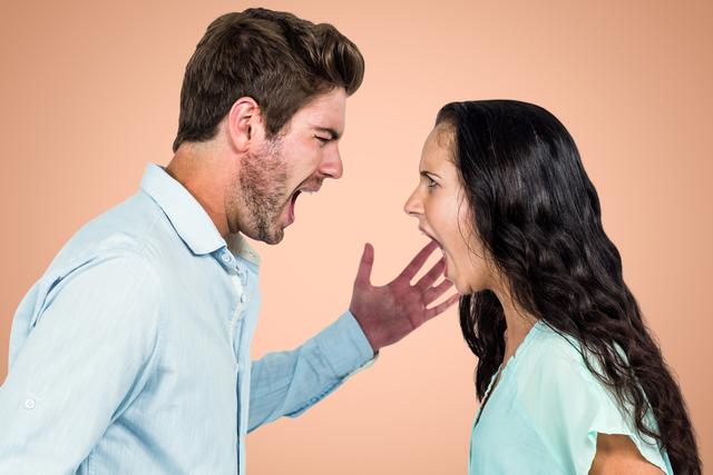 Side view of angry couple fighting against orange background - Download Free Stock Photos Pikwizard.com