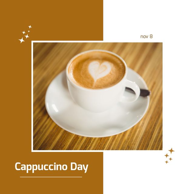 Digital composite image of frothy coffee drink served on table with cappuccino day text in frame. Frothy drink, celebration, benefits and significance of coffee concept.