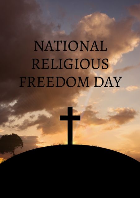Silhouette cross on land against cloudy sky with national religious freedom day text - Download Free Stock Photos Pikwizard.com