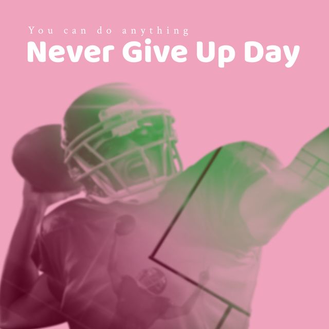 Digital composite image of rugby player with you can do anything never give up day text, copy space. Believing yourself, motivation, willingness to accept failure, inspiration, pink background.