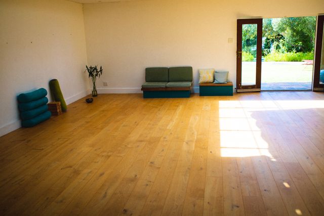 Interior of empty yoga studio with hardwood floor, copy space - Download Free Stock Photos Pikwizard.com