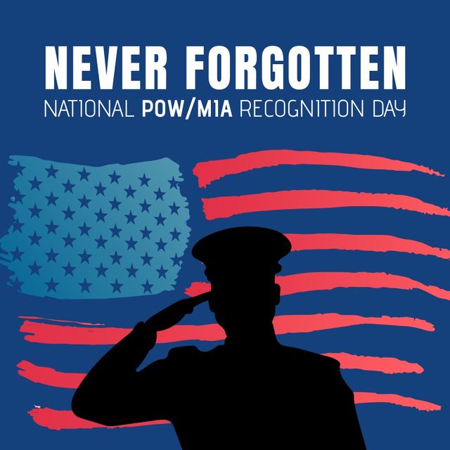 Never forgotten and national pow mia recognition day text with flag of america and army soldier. illustration, copy space, military, armed forces, honor, veteran, vietnam war, memorial, patriotism.