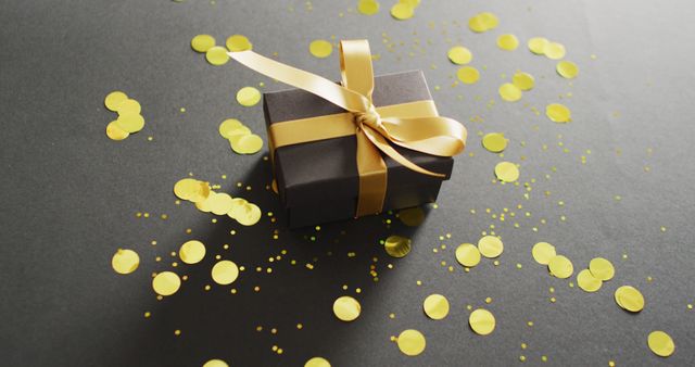 Black gift box with gold ribbon with gold glitter on black background - Download Free Stock Photos Pikwizard.com