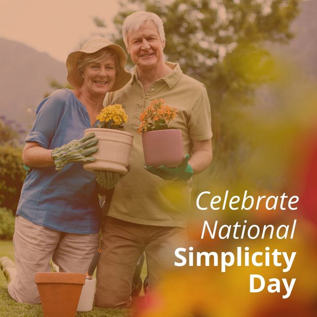 Portrait of happy senior caucasian couple gardening with celebrate national simplicity day text. digital composite, celebration, peace and simplicity of life concept, shun gadgets.