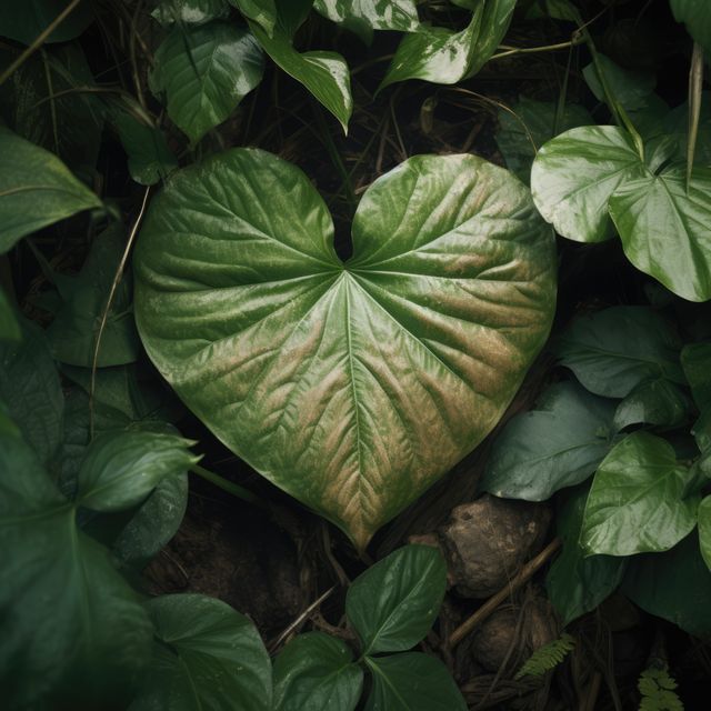 Green leaves with heart shape leaf, created using generative ai technology. Ecology, nature and harmony, digitally generated image.