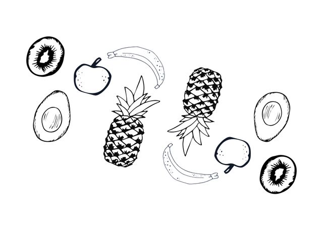 Composition of fruit drawings on white background. Printable coloring pages maker concept digitally generated image.