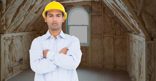 Architect standing with his arms crossed against construction site in background - Download Free Stock Photos Pikwizard.com
