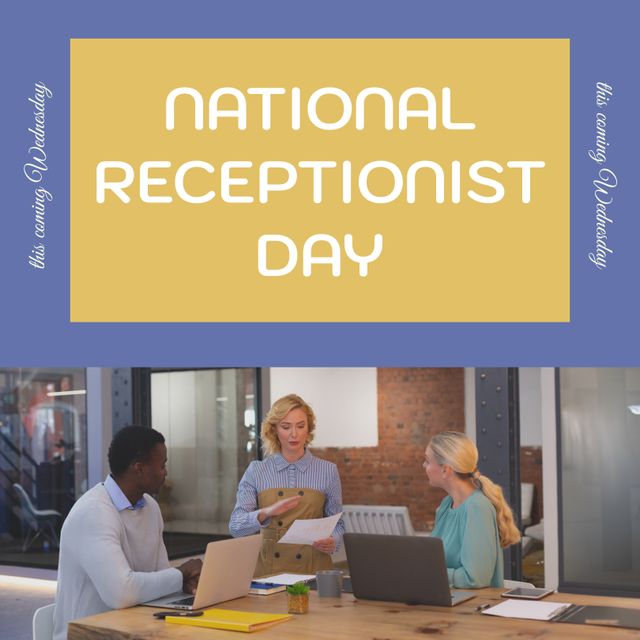 Composition of national receptionist day text over diverse business people in office. National receptionist day, office and communication concept digitally generated image.