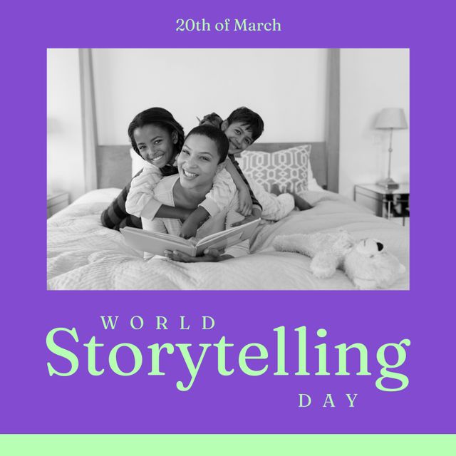 Image of world storytelling day text over happy diverse mother with children reading book. World storytelling day and celebration concept digitally generated image.