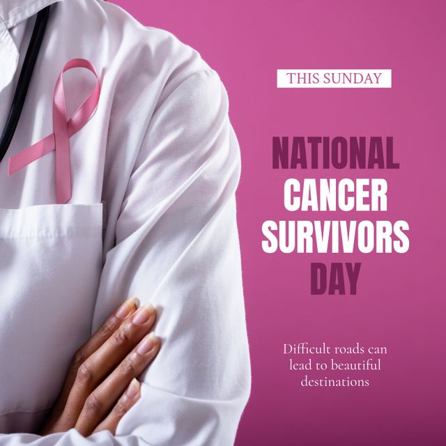Composition of cancer survivors day text over biracial female doctor with pink ribbon. National cancer survivors day and celebration concept digitally generated image.