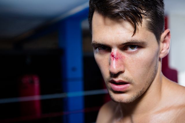 Close-up portrait of young male boxer with bleeding nose - Download Free Stock Photos Pikwizard.com