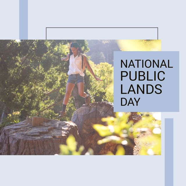 Digital image of biracial woman jumping on wood in forest, national public lands day text. Copy space, celebration, conservation of public lands, volunteering, enjoyment, nature.