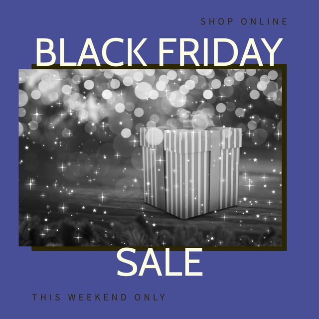 Composition of black friday sale text over present on blue background. Black friday, shopping and retail concept digitally generated image.