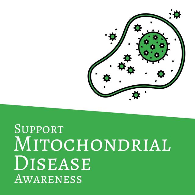 Illustration of support mitochondrial disease awareness text with cell on white, green background. Copy space, vector, educate, increase awareness of mitochondrial disease, support.