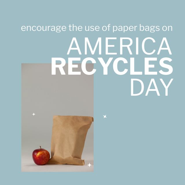 Composition of america recycles day text with paper bag on blue background. America recycles day and celebration concept digitally generated image.