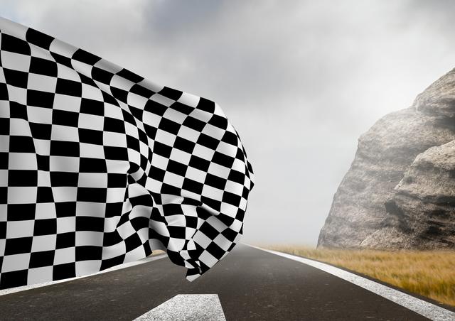 Digital composition of checker flag flapping on road