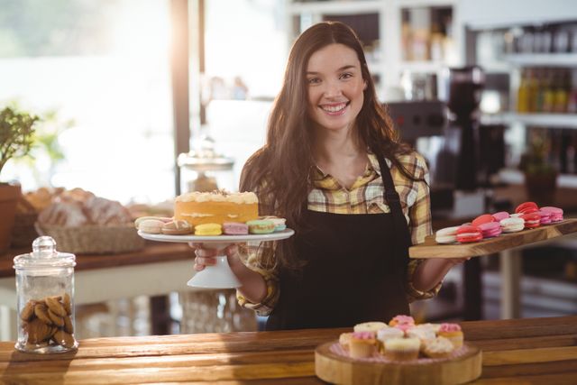 Portrait of waitress standing at counter with desserts - Download Free Stock Photos Pikwizard.com