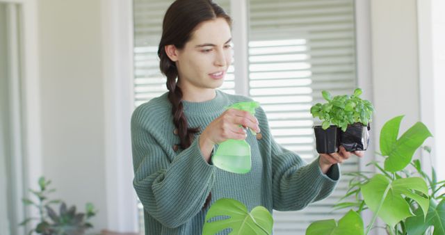 Happy caucasian woman watering plants of basil with sprinkler. Spending quality time at home concept.