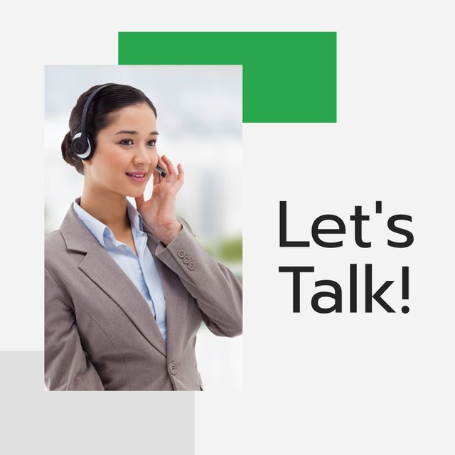 Composition of let's talk text over biracial business woman using phone headset. Business, communication and templates concept digitally generated image.