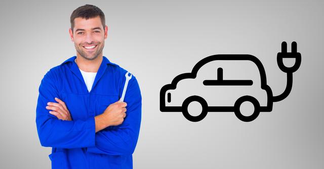 Portrait of a happy car mechanic with wrench and drawn car shape in background - Download Free Stock Photos Pikwizard.com