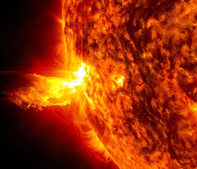 Caption: This image from June 20, 2013, at 11:15 p.m. EDT shows the bright light of a solar flare on the left side of the sun and an eruption of solar material shooting through the sun’s atmosphere, called a prominence eruption. Shortly thereafter, this same region of the sun sent a coronal mass ejection out into space.  ---  On June 20, 2013, at 11:24 p.m., the sun erupted with an Earth-directed coronal mass ejection or CME, a solar phenomenon that can send billions of tons of particles into space that can reach Earth one to three days later. These particles cannot travel through the atmosphere to harm humans on Earth, but they can affect electronic systems in satellites and on the ground.  Experimental NASA research models, based on observations from NASA’s Solar Terrestrial Relations Observatory and ESA/NASA’s Solar and Heliospheric Observatory show that the CME left the sun at speeds of around 1350 miles per second, which is a fast speed for CMEs.  Earth-directed CMEs can cause a space weather phenomenon called a geomagnetic storm, which occurs when they funnel energy into Earth's magnetic envelope, the magnetosphere, for an extended period of time. The CME’s magnetic fields peel back the outermost layers of Earth's fields changing their very shape. Magnetic storms can degrade communication signals and cause unexpected electrical surges in power grids. They also can cause aurora. Storms are rare during solar minimum, but as the sun’s activity ramps up every 11 years toward solar maximum – currently expected in late 2013 -- large storms occur several times per year.  In the past, geomagnetic storms caused by CMEs of this strength and direction have usually been mild.  Credit: NASA/Goddard/SDO  <b><a href="http://www.nasa.gov/audience/formedia/features/MP_Photo_Guidelines.html" rel="nofollow">NASA image use policy.</a></b>  <b><a href="http://www.nasa.gov/centers/goddard/home/index.html" rel="nofollow">NASA Goddard Space Flight Center</a></b> enables NASA’s mission through four scientific endeavors: Earth Science, Heliophysics, Solar System Exploration, and Astrophysics. Goddard plays a leading role in NASA’s accomplishments by contributing compelling scientific knowledge to advance the Agency’s mission.  <b>Follow us on <a href="http://twitter.com/NASA_GoddardPix" rel="nofollow">Twitter</a></b>  <b>Like us on <a href="http://www.facebook.com/pages/Greenbelt-MD/NASA-Goddard/395013845897?ref=tsd" rel="nofollow">Facebook</a></b>  <b>Find us on <a href="http://instagram.com/nasagoddard?vm=grid" rel="nofollow">Instagram</a></b>