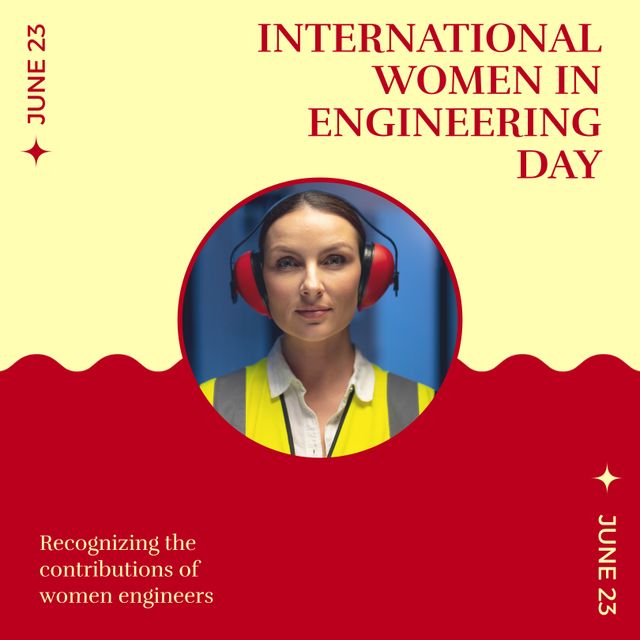 Caucasian woman wearing ear protectors and june 23, international women in engineering day text. Composite, copy space, recognising teh contribution of women engineers, awareness, support, career.