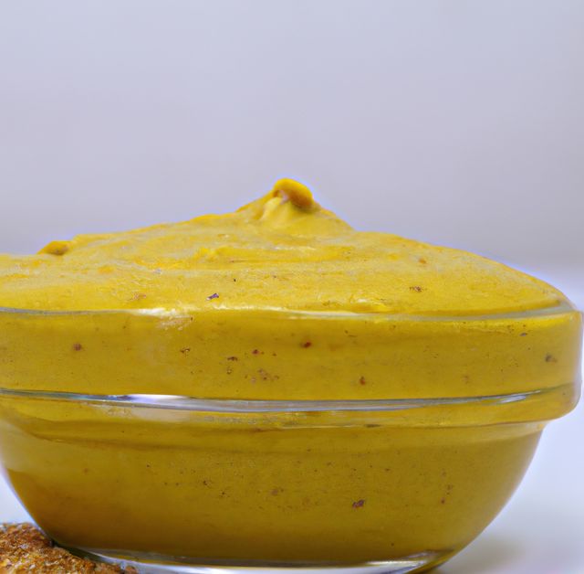 Close up of mustard in bowl on grey background created using generative ai technology. Food and nutrition concept, digitally generated image.