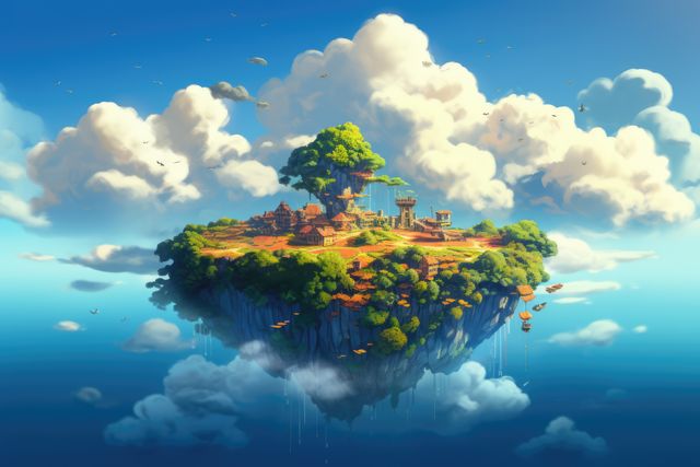 Island in the sky with greenery surrounded by clouds, created using generative ai technology. Fantasy and travel concept digitally generated image.