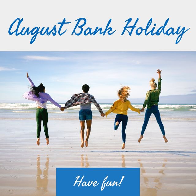 Multiracial friends holding hands and jumping at beach and august bank holiday with have fun text. rear view, digital composite, togetherness, happy, nature, lifestyle, summer, enjoyment, holiday.