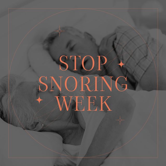 Composition of stop snoring week text and couple in bed with man snoring. National stop snoring week concept digitally generated image.